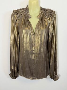 Current Air Metallic Bronze Gold Ruffle-Neck Blouse